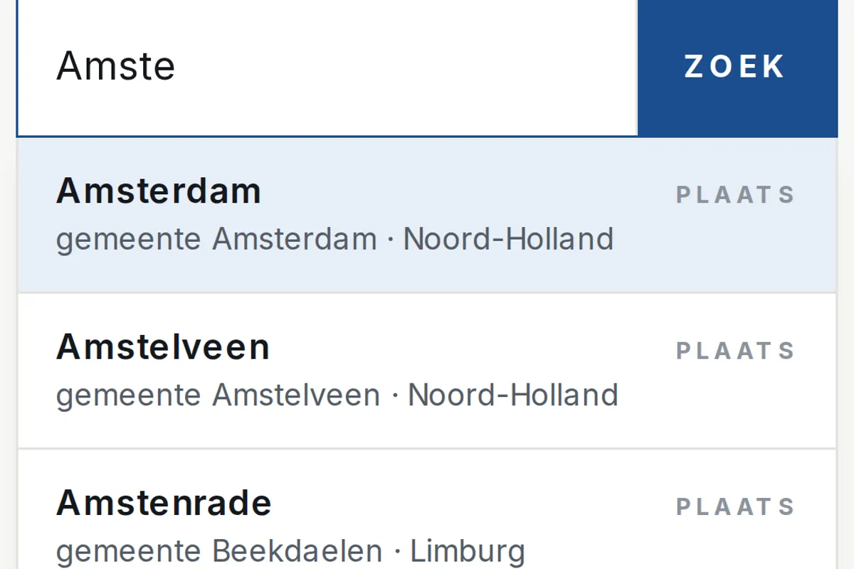 Suggesties terwijl je typt, met gemeente en provincie
